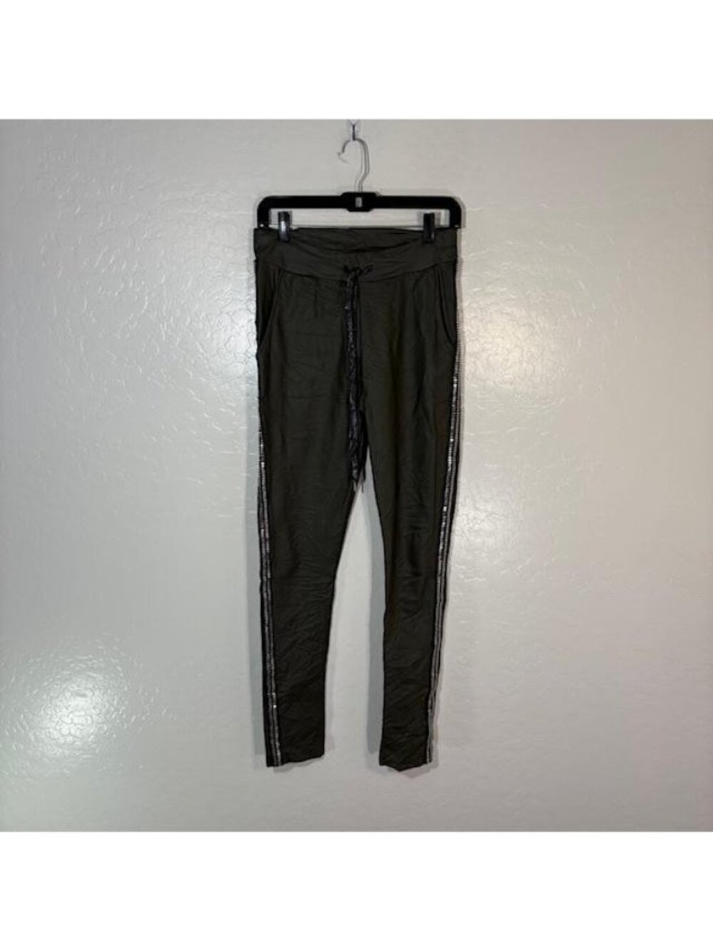 Venti6 Jogger Pants Womens Medium Olive Green Drawstring Rhinestone Made Italy